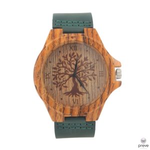 Δέντρο Ζωής Ξύλινο Ρολόι με Πράσινο Λουράκι (1)