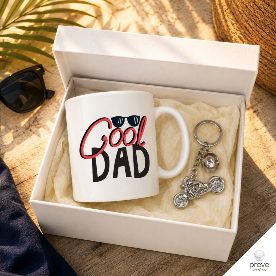 Σετ δώρου για μπαμπά με κούπα Cool DAD και μπρελόκ με μηχανή και κράνος