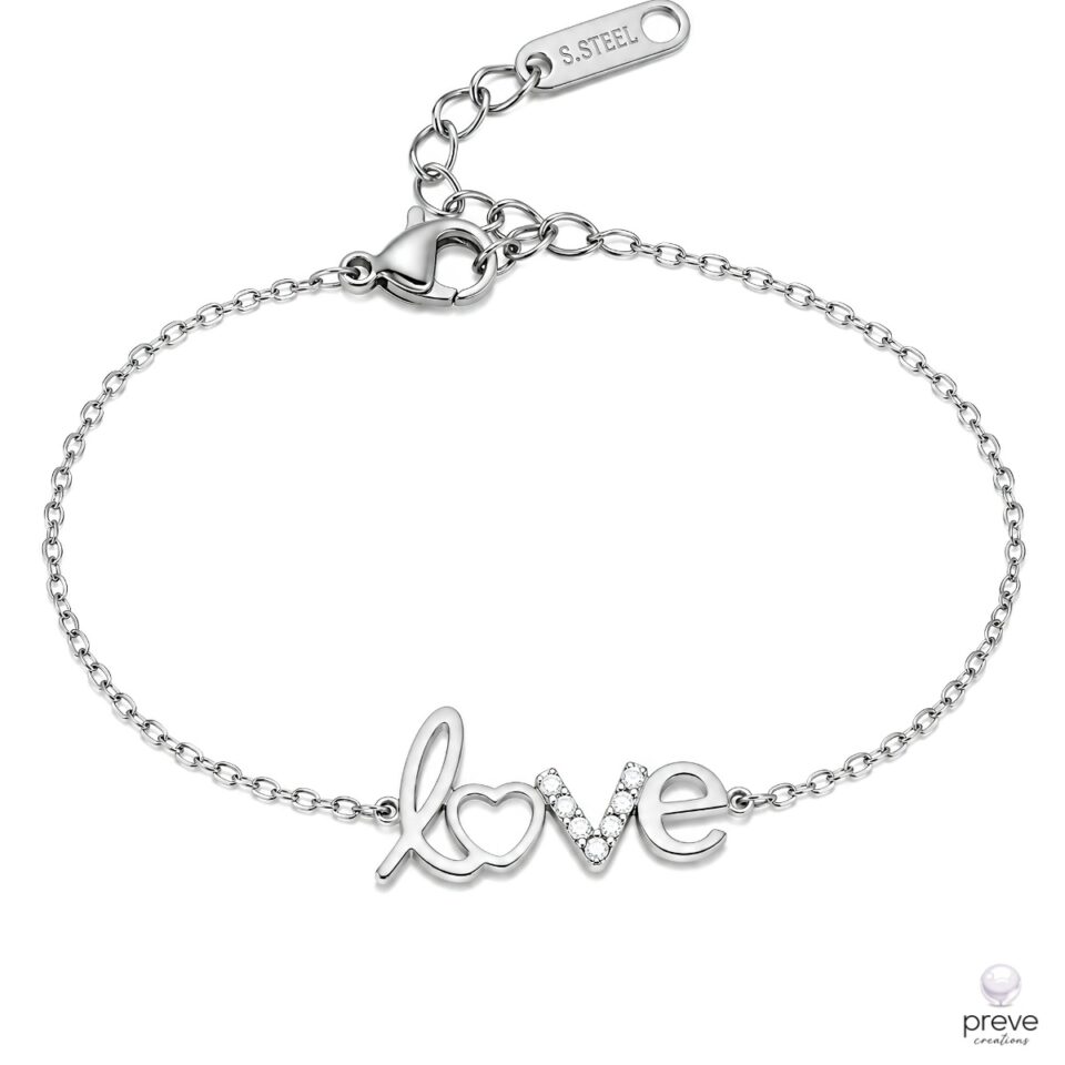 Love με Καρδιά και Στρας Βραχιόλι Ατσάλι