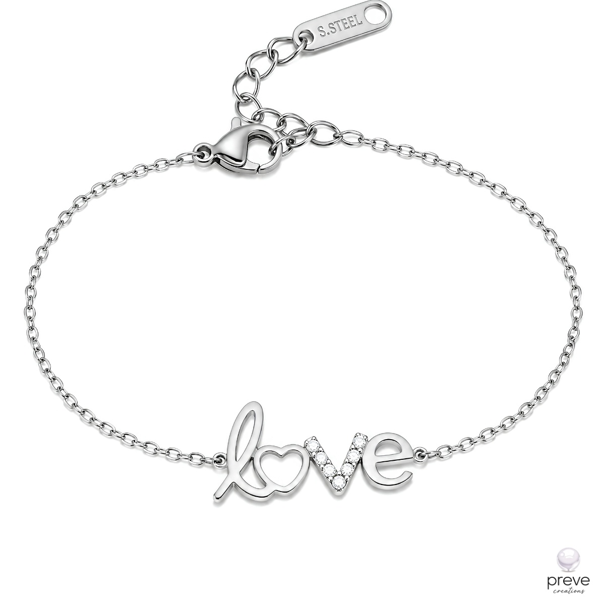 Love με Καρδιά και Στρας Βραχιόλι Ατσάλι Ασημί
