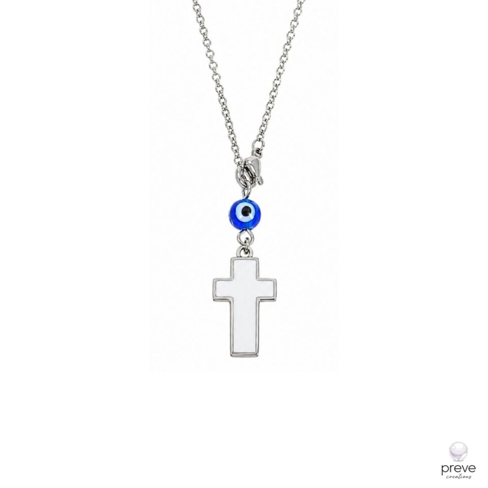 Σταυρός Σμάλτο Ματάκι Φυλαχτό Αυτοκινήτου Ατσάλι Άσπρο Ασημί