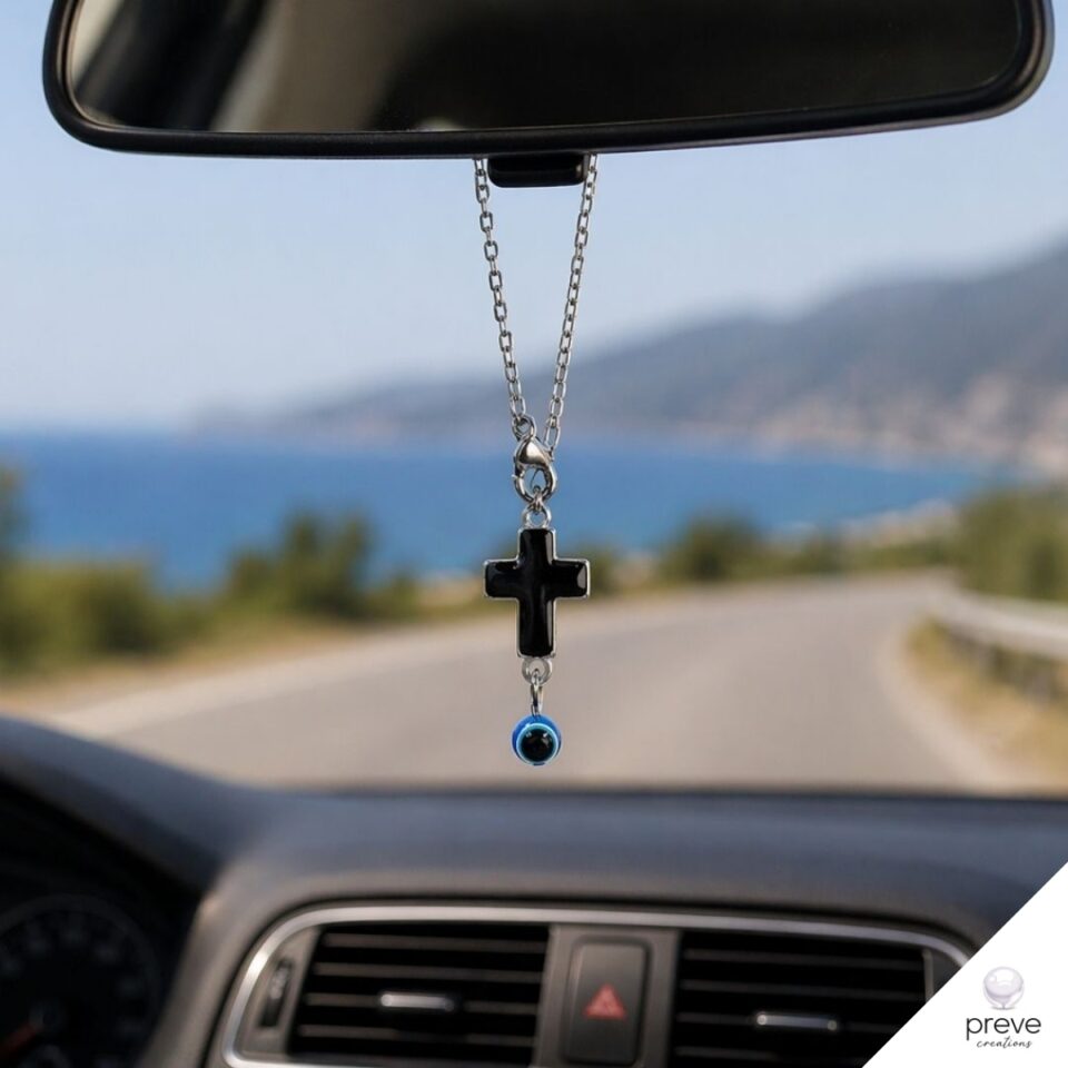 Σταυρουδάκι Μαύρο Ματάκι Φυλαχτό Αυτοκινήτου Ατσάλι Ασημί